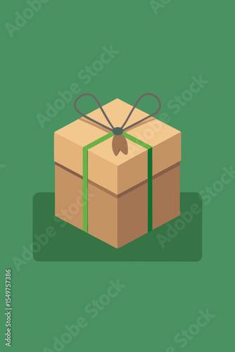 Simple brown gift box with green ribbon and bow on a green background