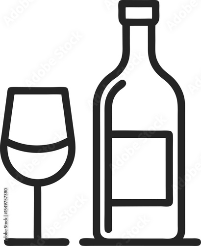 Wine bottle with glass  line art icon on white background