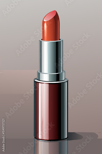 A single tube of glossy orange red lipstick with a silver casing