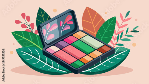 Colorful makeup palette surrounded by stylized leaves and floral elements