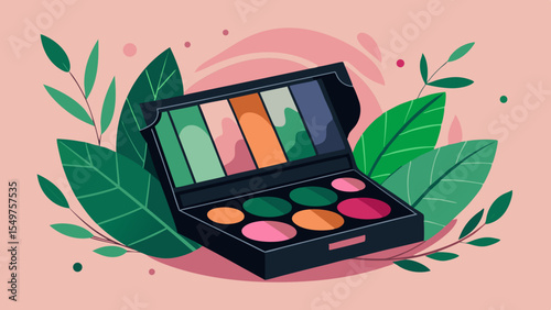 Colorful makeup palette surrounded by lush green leaves and abstract shapes