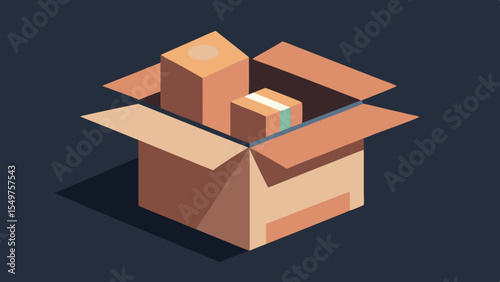 Isometric view of an open cardboard box filled with various packages and parcels