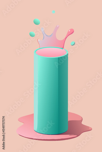 Teal cylinder with pink liquid splashing out and spilling over