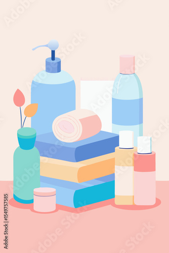 Flat design illustration of bath and beauty products with decorative elements