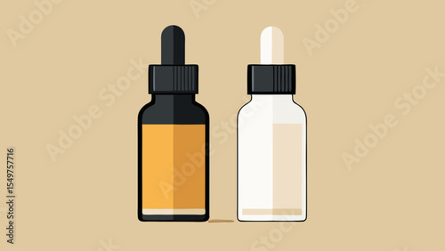 Two dropper bottles one with amber liquid and one with white liquid isolated on beige background