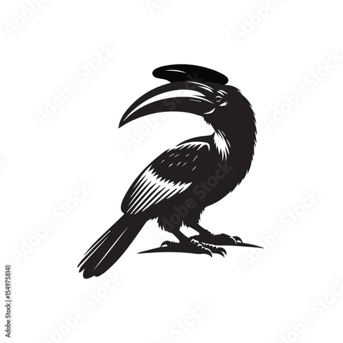 Stylized black silhouette of a hornbill bird with a distinctive casque