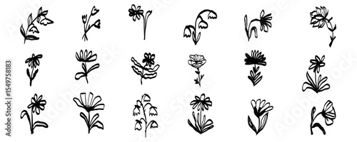 Ink Crayon Marker Gouache flowers hand drawn sketches illustrations. Dry brush stroke simple minimalistic floral doodles isolated on white for cosmetics, kid education.