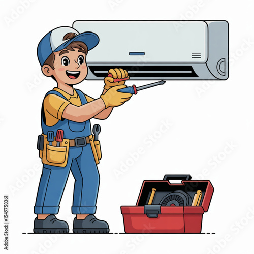 Air Conditioner Repair Technician Illustration A cartoon illustration of a happy HVAC technician fixing an air conditioner unit, showcasing tools and expertise in home repair and maintenance.
