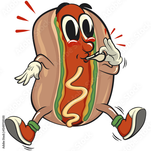 cute hot dog mascot cartoon vector illustration blowing the whistle, funny fast food character isolated on transparent background, work of hand drawn