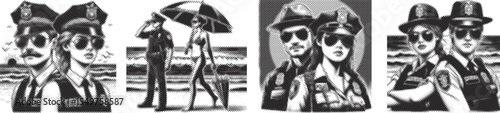 Halftone stipple dotted vector bundle design of police couple wearing sunglasses on beach black color, detailed textured effect, modern minimalist illustration, summer outdoor scene, stylish duo
