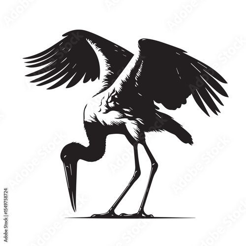 Black silhouette of a stork with wings spread wide bending down