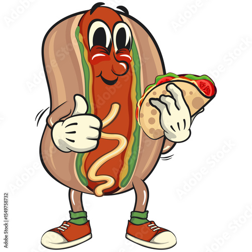 cute hot dog mascot cartoon vector illustration carrying a taco while giving a thumbs up, funny fast food character isolated on transparent background, work of hand drawn