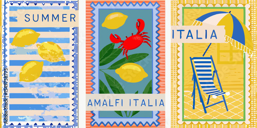 Colorful Italian Summer Postcards Featuring Lemons Crab and Beach Chair