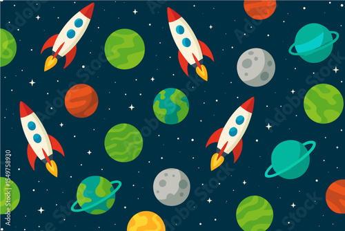 space-themed pattern featuring colorful rockets, Various stylized planets in green, red, blue, gray, and yellow, scattered stars, and a dark navy blue starry background. Vector Patterns Random Pattern