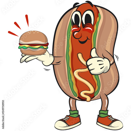 cute hot dog mascot cartoon vector illustration carrying a burger while giving a thumbs up, funny fast food character isolated on transparent background, work of hand drawn