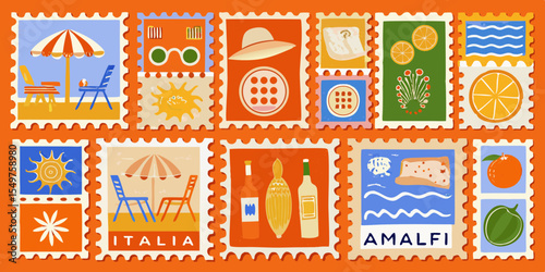 Collection of Italian Summer Holiday Postage Stamps with Amalfi Coast and Italia