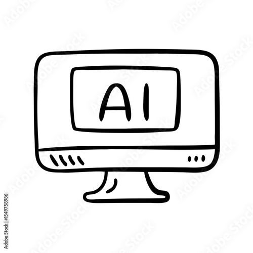 Computer monitor displaying AI concept icon in doodle style  