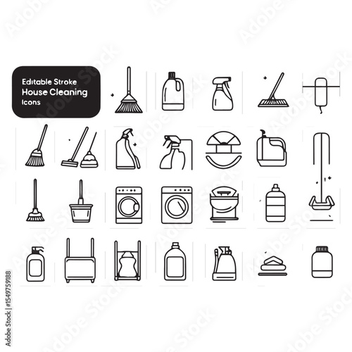 Collection of editable stroke icons representing house cleaning tools and supplies