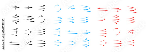 A collection of arrows showing fluid motion. includes straight, curved, and circular shapes.