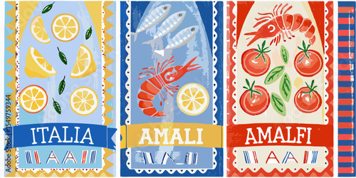 Colorful Illustration of Italian Food and Landmarks with Lemons Fish and Tomatoes