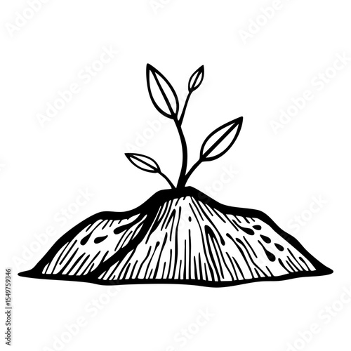 Hand-drawn black and white illustration of a new seedling sprouting from soil, symbolizing growth and beginning