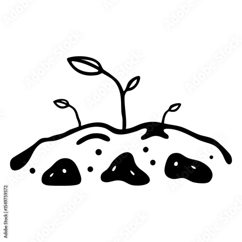 Hand-drawn black and white illustration of young seedlings emerging from a patch of textured soil, symbolizing growth and new life