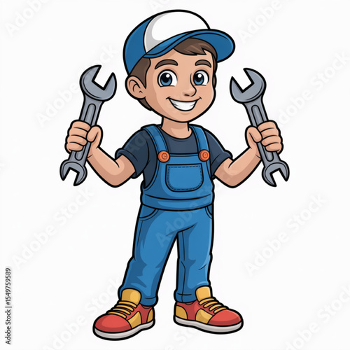 A cheerful young mechanic confidently holds two wrenches showcasing his readiness for any repair job demonstrating expertise and reliability in maintenance and engineering.