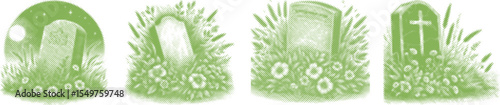 Halftone stipple dotted vector bundle design of tombstone surrounded by green grass and flowers, vintage cemetery memorial illustration with floral nature elements, detailed dotted texture art