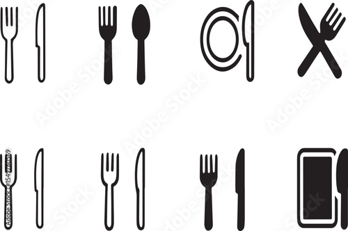Collection of Cutlery Icons Forks, Knives, Spoons, and Plate Symbols in Vector Format