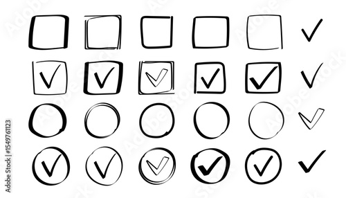 Collection of checkbox icons in square and circle shapes, featuring hand drawn and minimal styles.