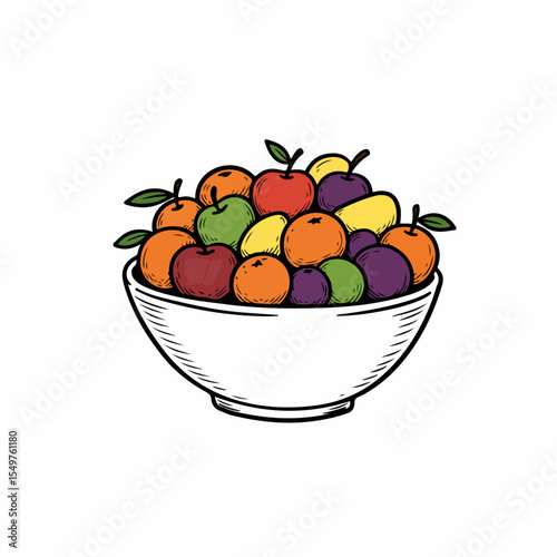 Colorful fruit bowl with oranges apples plums and lemon. Fresh fruit assortment in white bowl perfect for healthy breakfast or snack.  Image of fruit bowl ideal for cookbook recipe book or blog post.