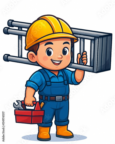 Cheerful Cartoon Construction Worker Carrying Ladder and Tool Box Ready for Work
