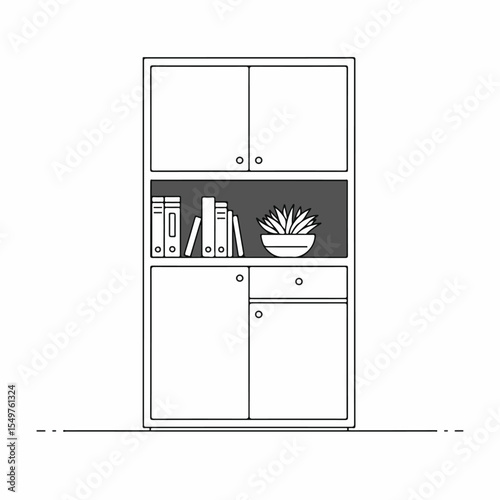 Modern office cabinet with two doors and open shelf. Stylish storage unit includes space for files, books, and decorative plants. Contemporary office furniture concept for interior design projects.