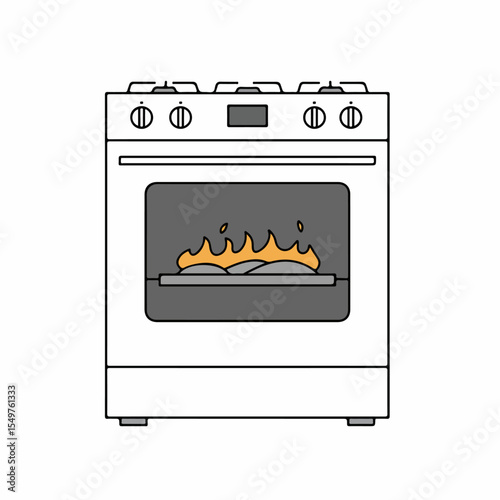 Modern gas oven with four burners and digital display. Gas oven shows realistic flames.  Gas oven image perfect for appliance catalogs, home improvement websites, and cooking blogs.
