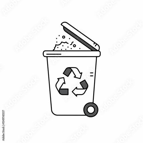 Minimalist line art illustration depicts simple recycling bin with open lid, showing contents. Container features universal recycling symbol, indicating proper waste separation.