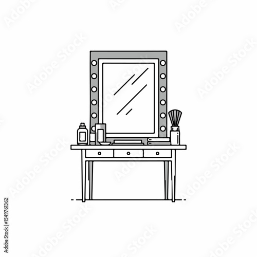 Vanity table with mirror and makeup products. Stylish vanity setup includes professional makeup brushes and various cosmetic bottles.  Elegant vanity concept for beauty blogs and magazines.