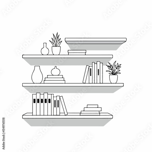 Minimalist black outline bookshelf illustration with various books and potted plants. Modern bookshelf design features tidy stacks of literature and decorative elements.