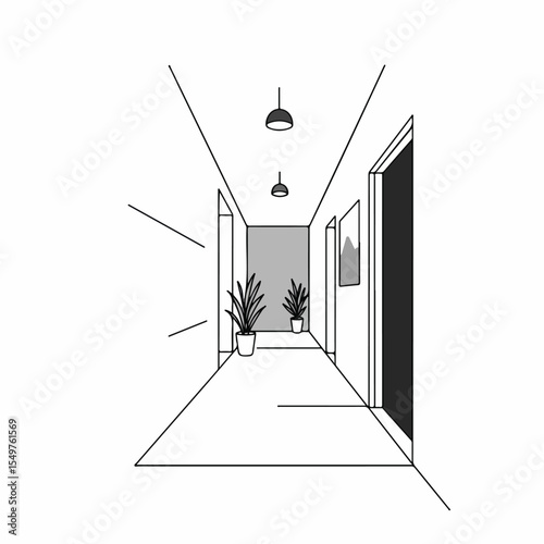 Minimalist hallway interior design with simple line art. Hallway features simple potted plants and wall art.