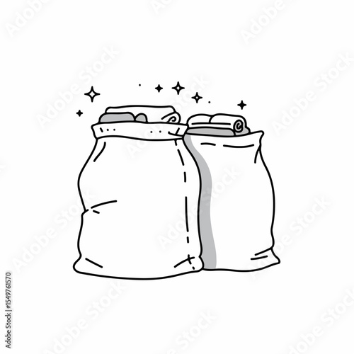 Minimalist line drawing bags illustration displaying two simple fabric containers, one full, one partially filled. These line drawing bags offer versatile design for icons, graphics,