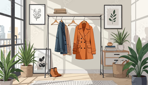 Stylish autumn clothing on modern clothing rack near window.  Autumn wardrobe includes trendy coats, jackets, and ankle boots. Cozy autumn interior design concept for fashion blogs and online stores.