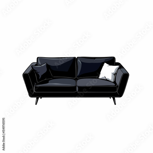 Black sofa with pillows for modern living room design. Stylish black sofa with soft cushions and elegant legs. This black sofa image is perfect for interior design catalogs and furniture websites.