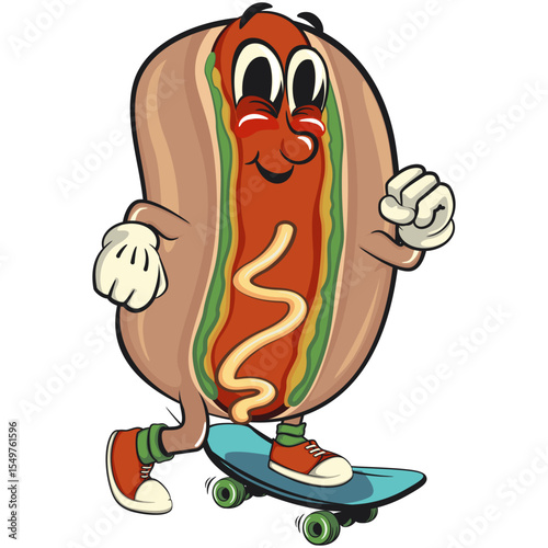 cute hot dog mascot cartoon vector illustration playing skateboard, funny fast food character isolated on transparent background, work of hand drawn