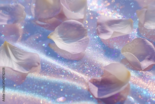 Scattered pale rose petals on a shimmering iridescent surface creating a dreamy aesthetic scene