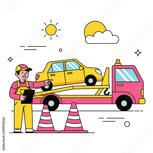 Tow Truck Driver with Car on Flatbed