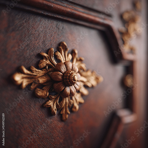 Detailed shot showcases ornate gold flower embellishment on a dark wood door. Symbolizes sophistication, history, and craftsmanship. Ideal for design or luxury concepts.