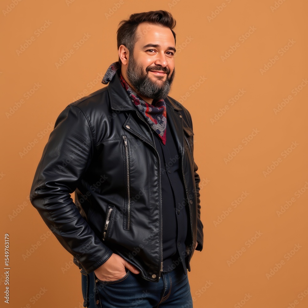 Fototapeta premium A bearded man, in a leather jacket and scarf, smiling, on a brown background