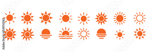 Sun icon set. Yellow sun star icons collection. Summer, sunlight, nature, sky. Vector illustration isolated on white background.