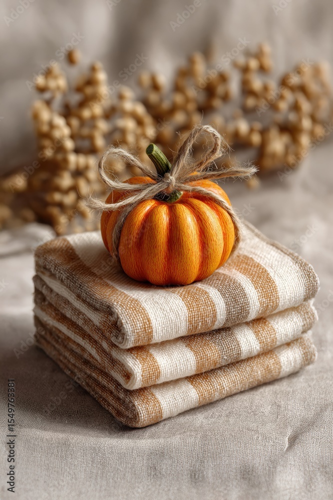 Fototapeta premium Small decorative pumpkin tied with twine sitting on striped napkins for thanksgiving