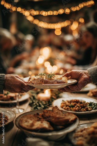 Family passing food at thanksgiving dinner table