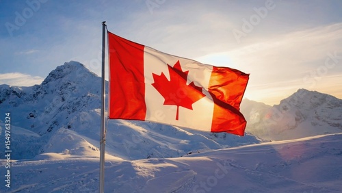 Canadian flag with mountains in background photo